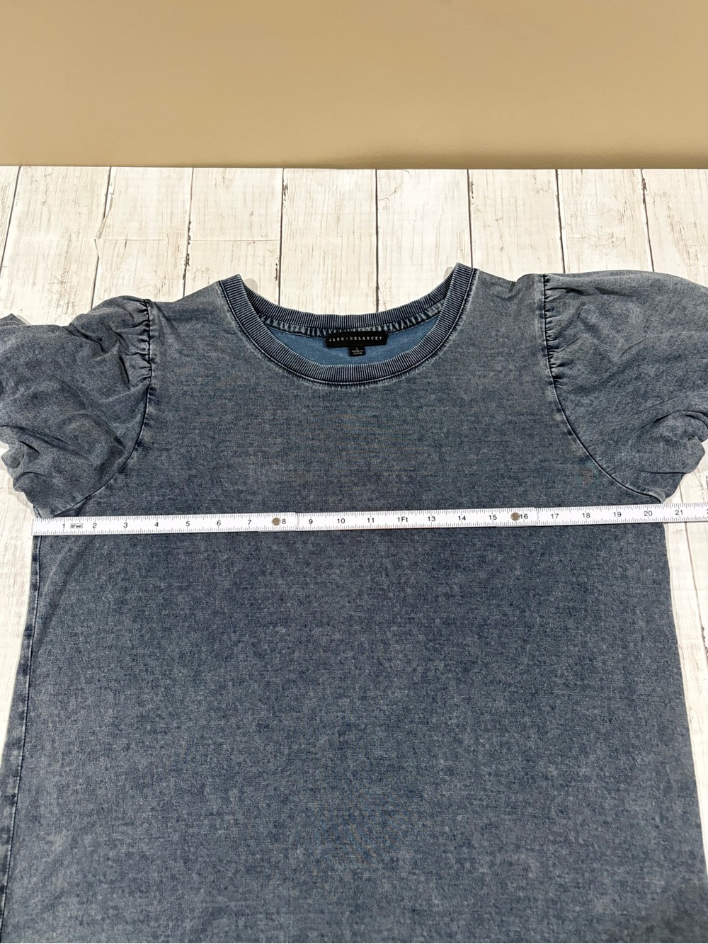 Mineral Wash Puff Sleeve Tee Crew Neck Blue Gray Large - Picture 9 of 11